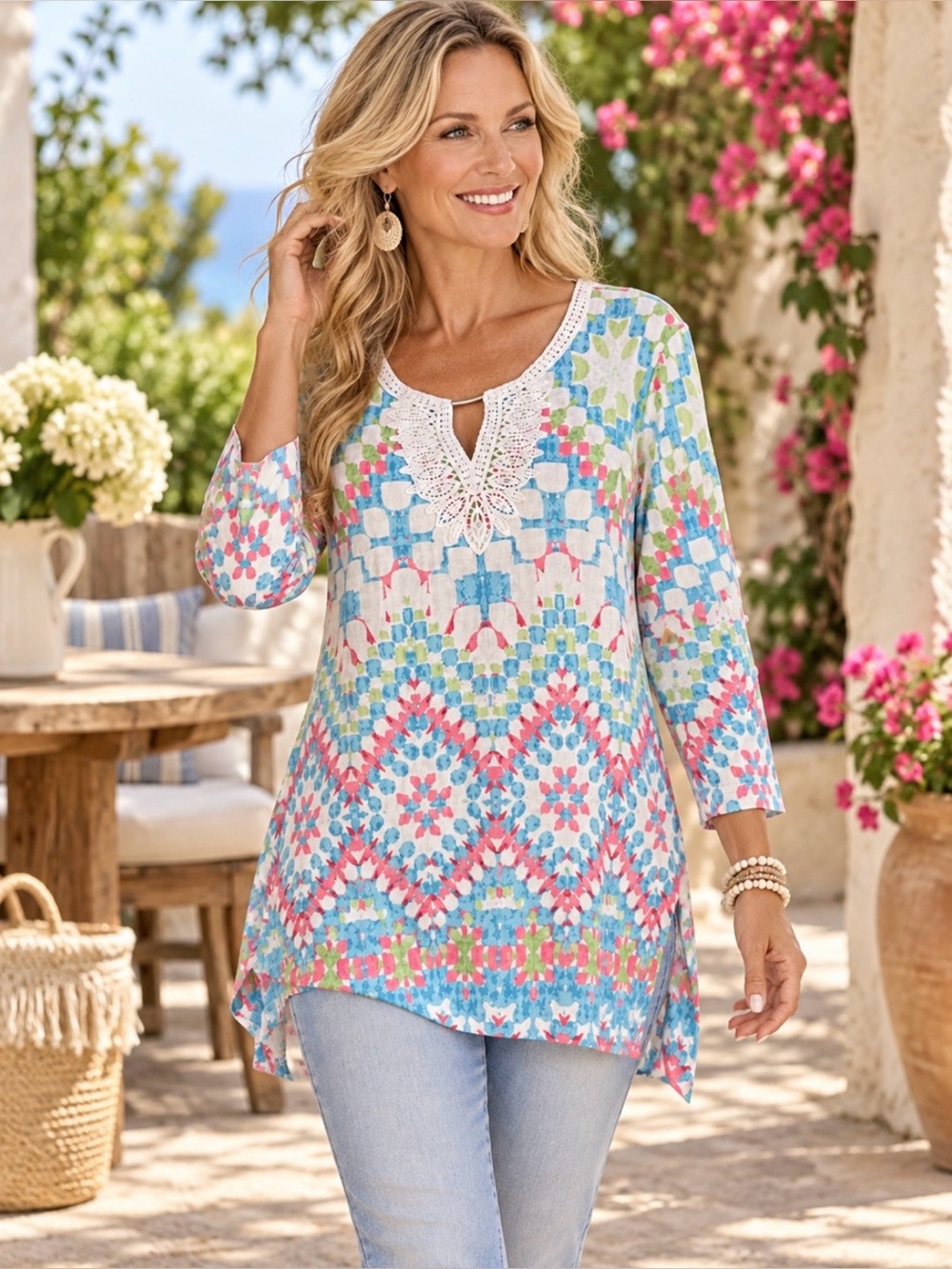 RUBY RD designs colorful tunic top with decorative neckline